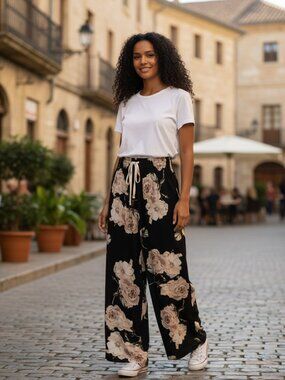 SHEIN Women's Black Floral  Elastic Pull On Pants Size XL